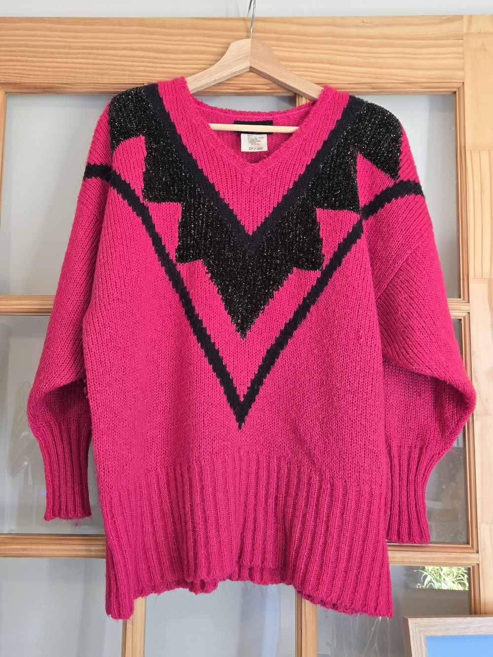 Vintage Bold Pink & Black V-Neck Shoulder Pad Wool Blend Sweater 1990 80s